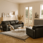 Modern Black Leather Sofa Set with Minimal Round Coffee Tables for Villas, Apartments & Airbnb – FOH-VABJ25-025