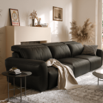 Modern Black Leather Sofa Set with Minimal Round Coffee Tables for Villas, Apartments & Airbnb – FOH-VABJ25-025 sofa view