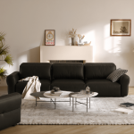Modern Black Leather Sofa Set with Minimal Round Coffee Tables for Villas, Apartments & Airbnb – FOH-VABJ25-025 table view