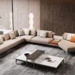 Biege & Taupe L-Shaped Modular Sofa Set with Marble Coffee Table for Villas, Apartments & Airbnb – FOH-VABJ25-026 top view
