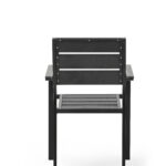 Modern outdoor seating chair with metal frame and wood-textured backrest