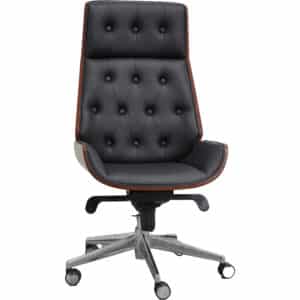 Silla de oficina estilo Chesterfield con capitoné y respaldo de madera curvada: silla ejecutiva clásica de cuero.