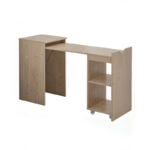 brown expandable compact office desk with storage shelves