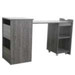 brown expandable compact office desk with storage shelves