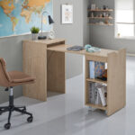 brown expandable compact office desk with storage shelves