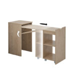 brown expandable compact office desk with storage shelves