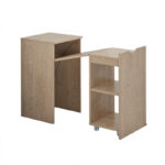 brown expandable compact office desk with storage shelves