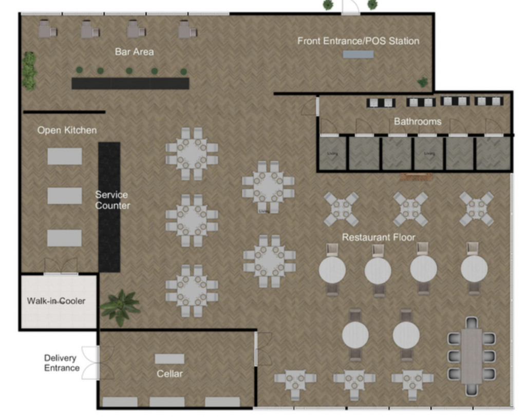 Restaurant floor plan showing bar