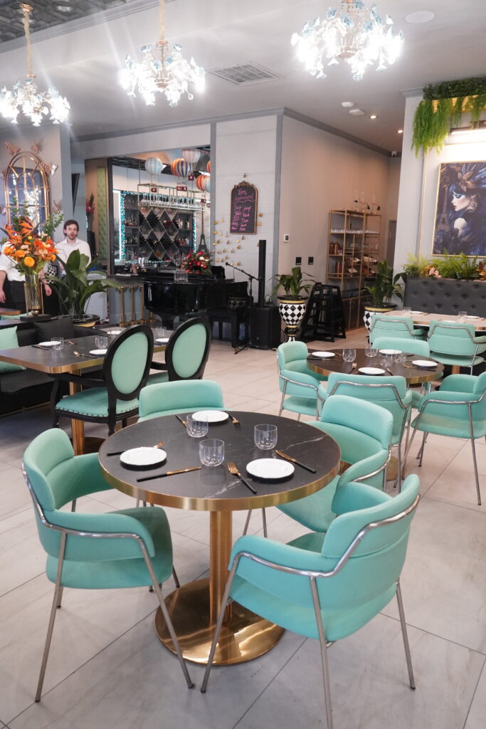 Elegant restaurant dining area with round tables set