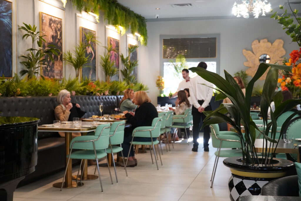 Elegant restaurant dining area with round tables set