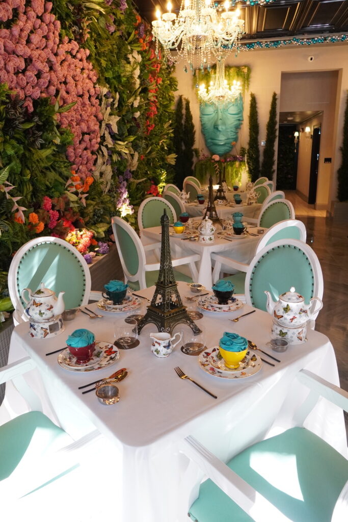 Elegant tea room with mint chairs