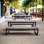 Empty outdoor benches lined
