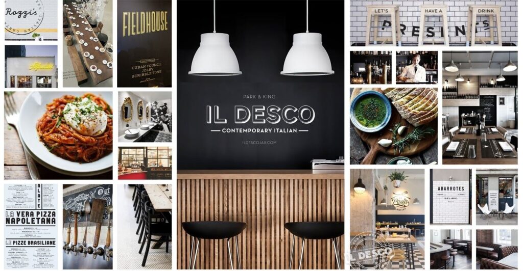 Collage of a contemporary Italian restaurant featuring modern interiors