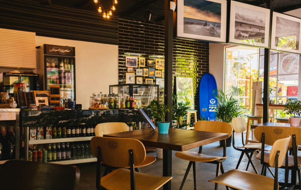 Cozy modern cafe interior with wooden tables