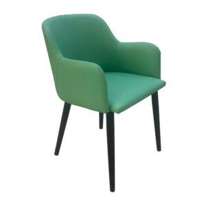 Modern Architectural Dining Armchair – Sleek Green Leatherette Side Chair with Mid-Century Silhouette