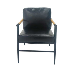 Modern Architectural Side Chair – Elegant Charcoal Fabric Dining Chair with Light Wood Armrest Accents