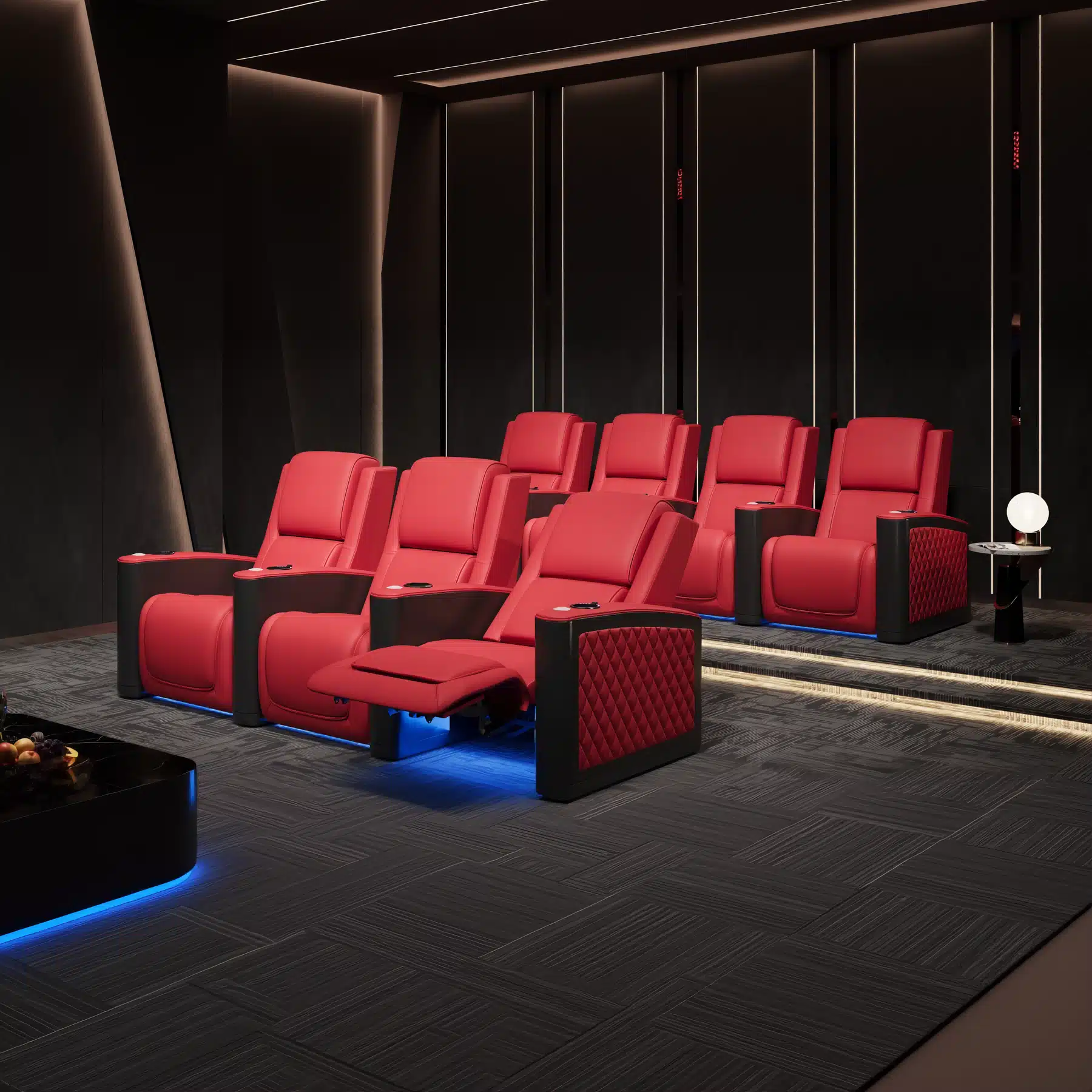 Executive Power Recliner Cinema Seating β Luxury Red Leather Theater Seats with Diamond Quilted Armrests