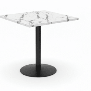 Modern Square Bistro Table – Carrara Marble-Grain Top with Black Steel Pedestal Base 120