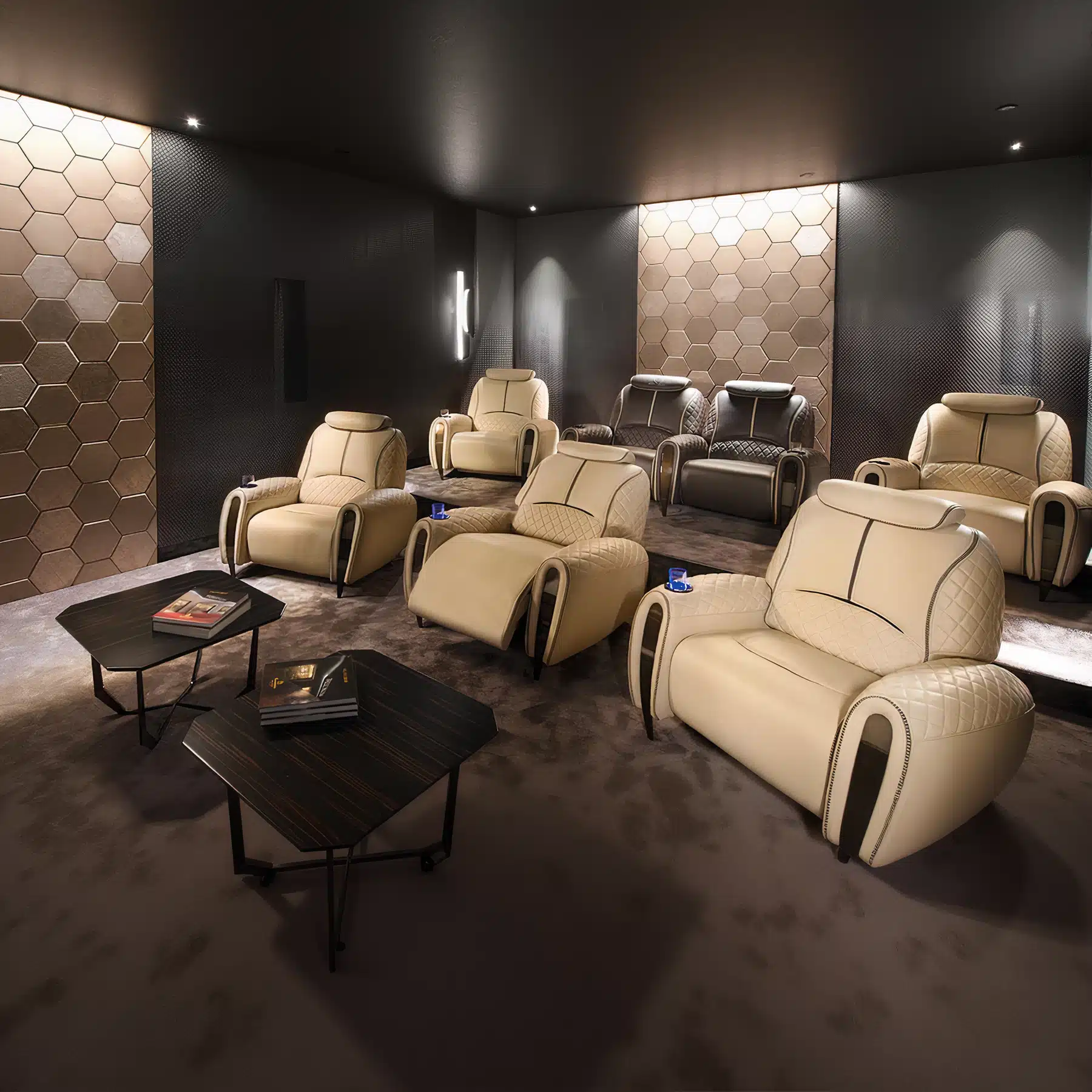 Executive Power Recliner Cinema Seating β Luxury Champagne Beige Leather Theater Seats with Diamond Quilted Armrests