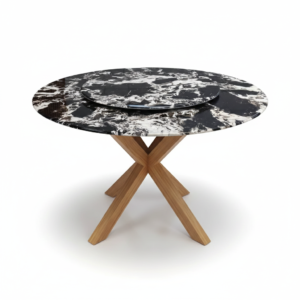Luxury Black and White Marble Round Dining Table – 59" Modern Circular Stone Table with Integrated Rotating Lazy Susan