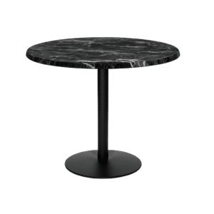 Modern Round Bistro Table – Nero Marquina Black Marble-Grain Top with Steel Pedestal Base 60