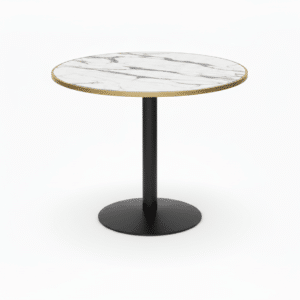 Modern Round Bistro Table – Carrara White Marble-Grain Top with Gold Rim & Black Pedestal Base