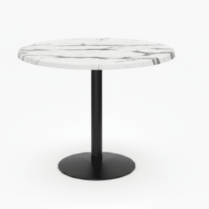Modern Round Bistro Table – Carrara White Marble-Grain Top with Black Steel Pedestal Base 60