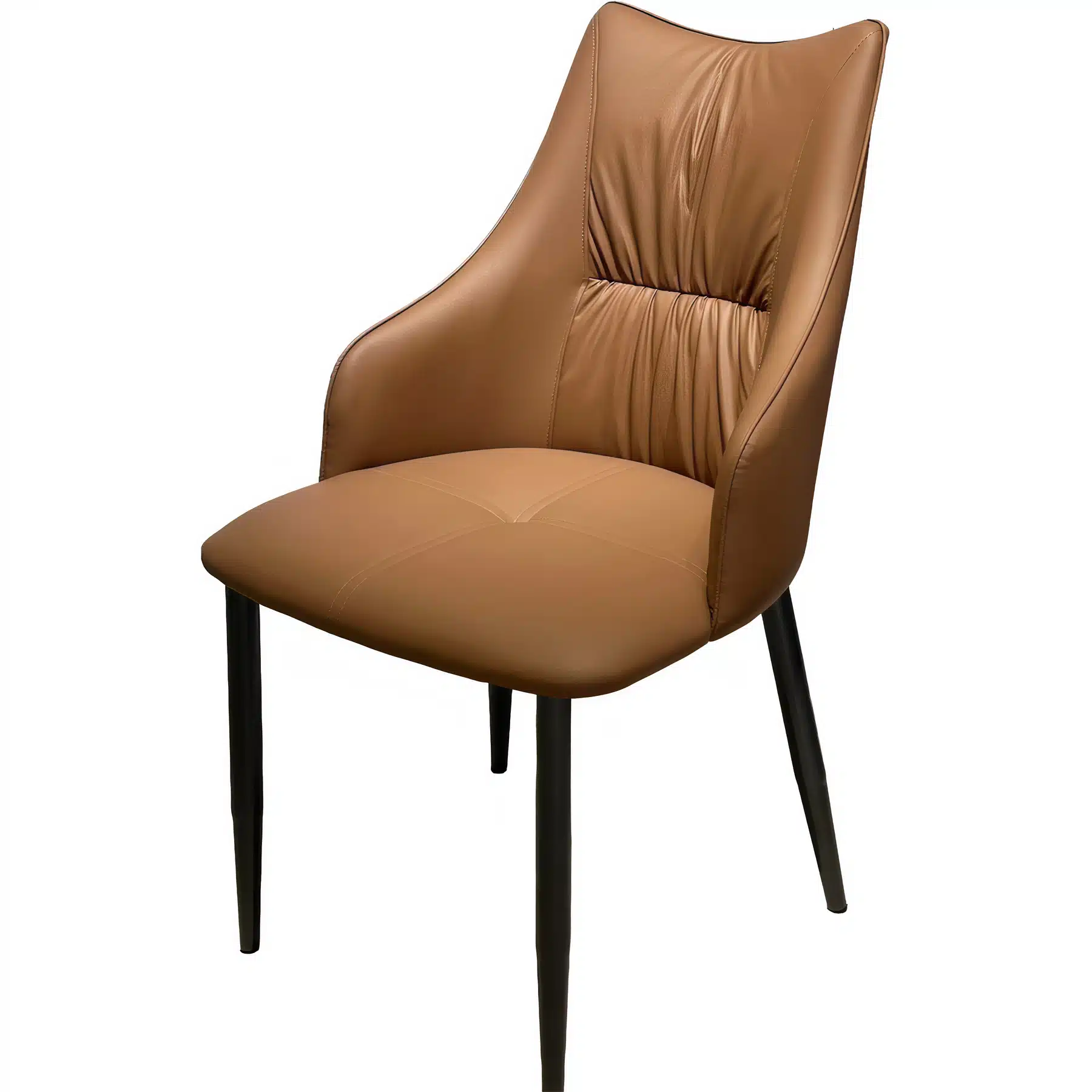 Modern Ruched-Back Dining Chair – Elegant High-Back Tan Leatherette Armchair with Slim Black Steel Legs