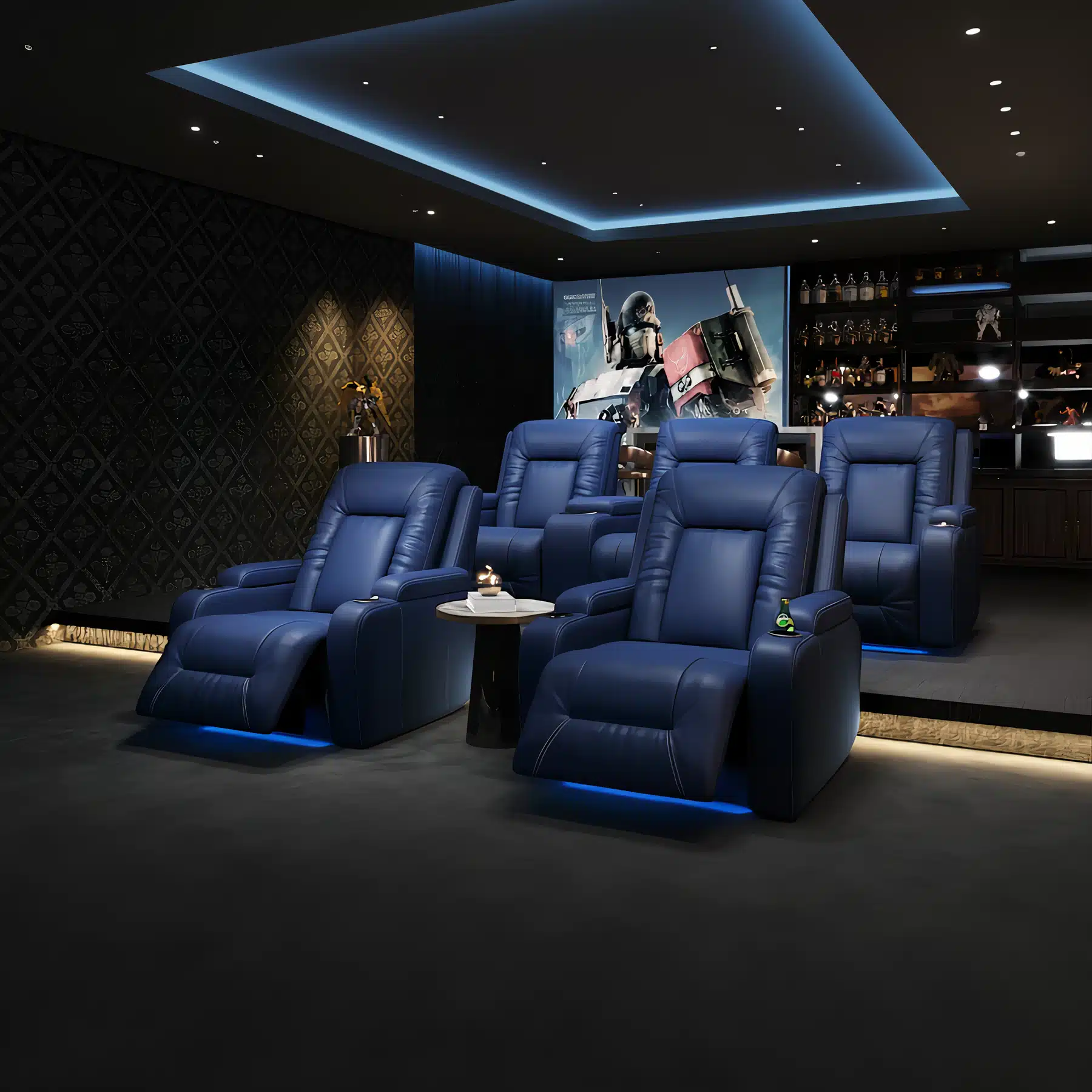 Executive Power Recliner Cinema Seating – Luxury Navy Blue Leather Theater Seats with Hidden Storage & Cup Holders
