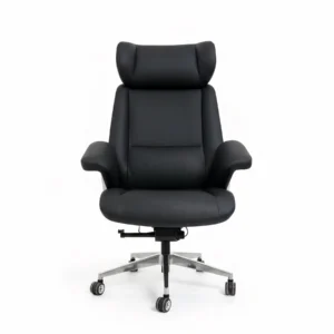 Premiere Executive Ergonomic Office Chair – Genuine Black Leather with Walnut Veneer & Polished Aluminum Accents