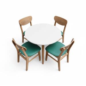 Metro-Nordic Commercial Dining Set – Natural Oak Frame Chairs with Teal Performance Upholstery & Minimalist White Sintered Stone Tables