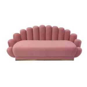 Sofá de terciopelo rosa chicle con forma de concha – Sofá moderno de mediados de siglo con bordes festoneados en rosa chicle