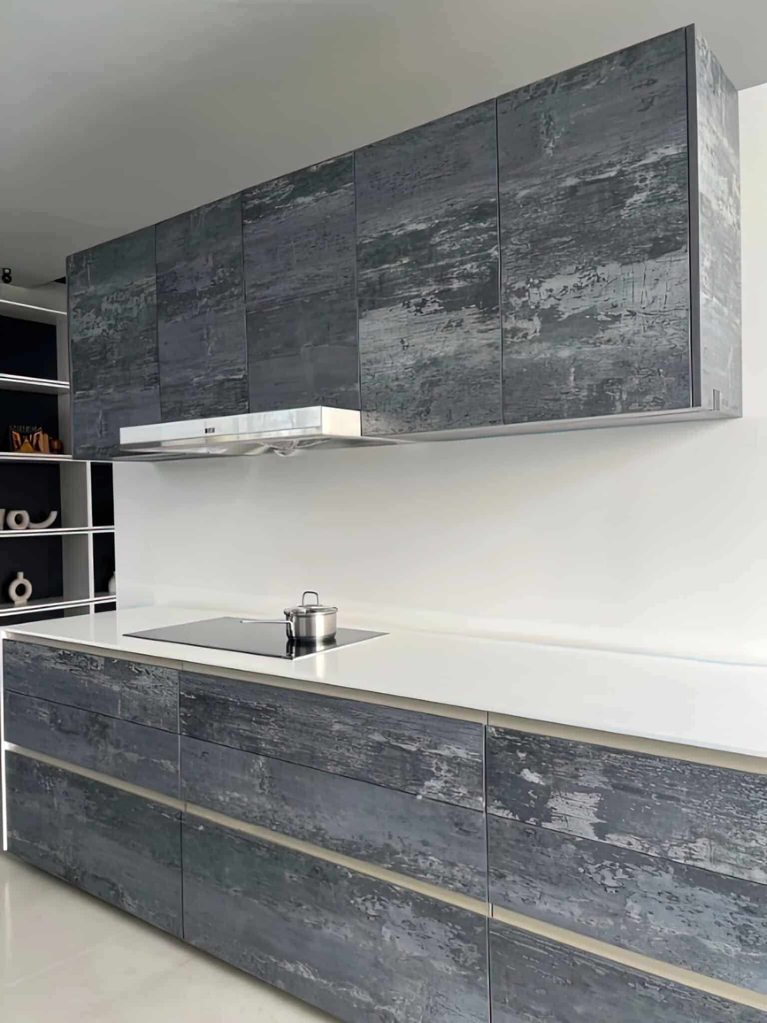 Iron-Slag Modern Industrial Kitchen Suite – Distressed Slate Metallic Cabinetry with Seamless White Quartz & Integrated Slim-Profile Hardware
