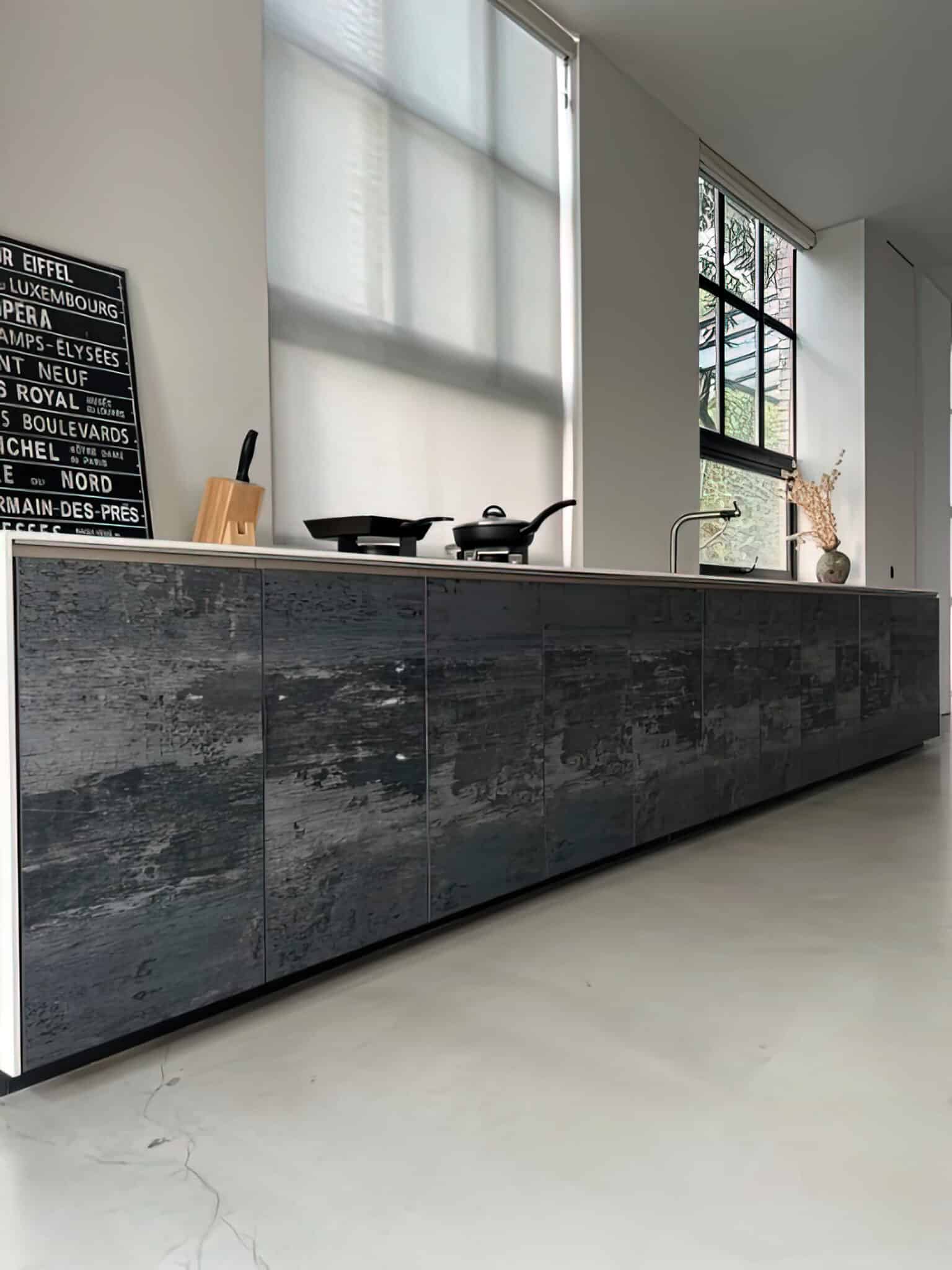 Iron-Slag Modern Industrial Kitchen Suite – Distressed Slate Metallic Cabinetry with Seamless White Quartz & Integrated Slim-Profile Hardware - Image 3