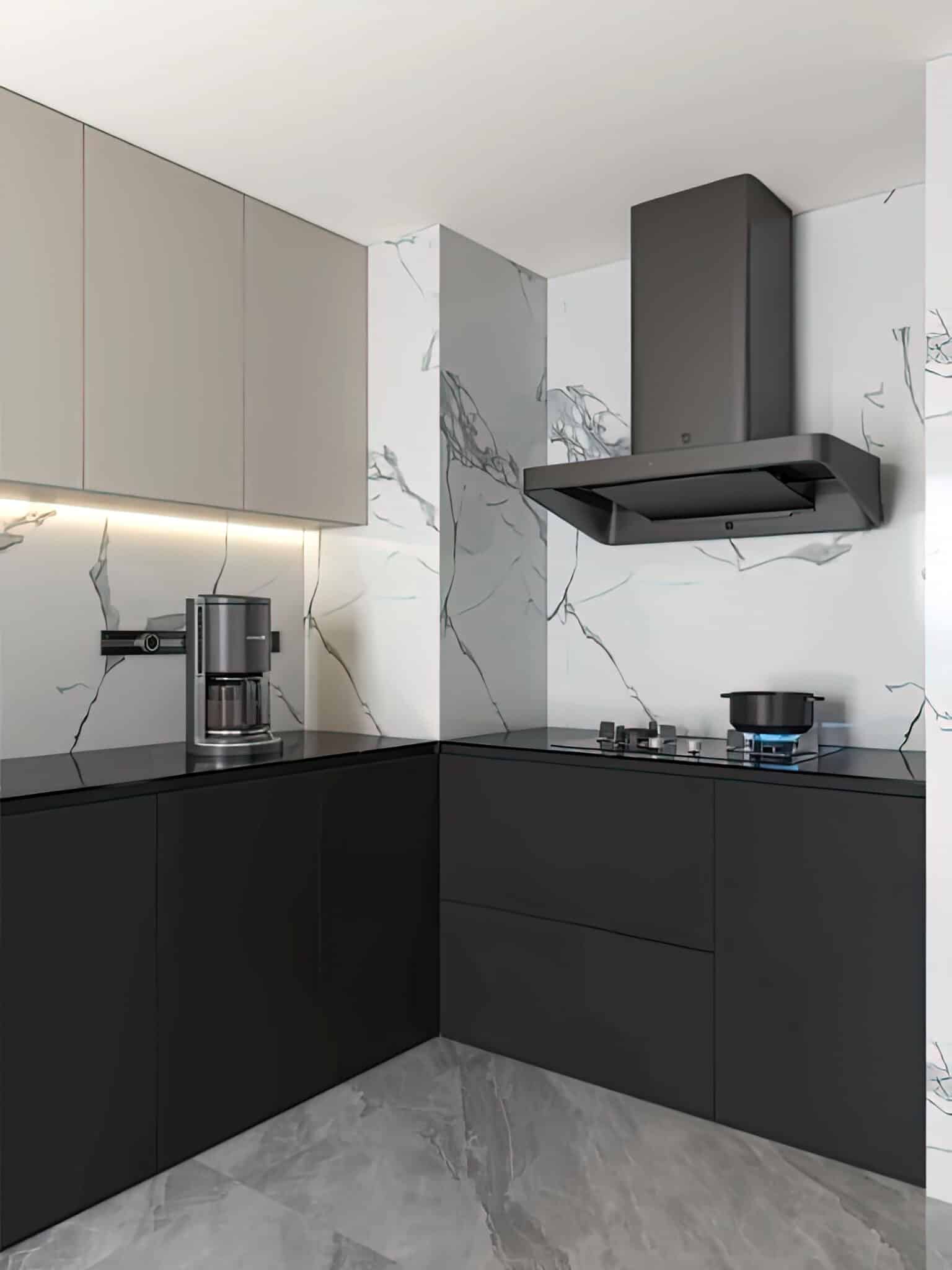 Zenith Nordic Noir Modern Kitchen Suite – Matte Black Base Cabinetry with Champagne Silk Uppers & Book-Matched Marble Backsplash