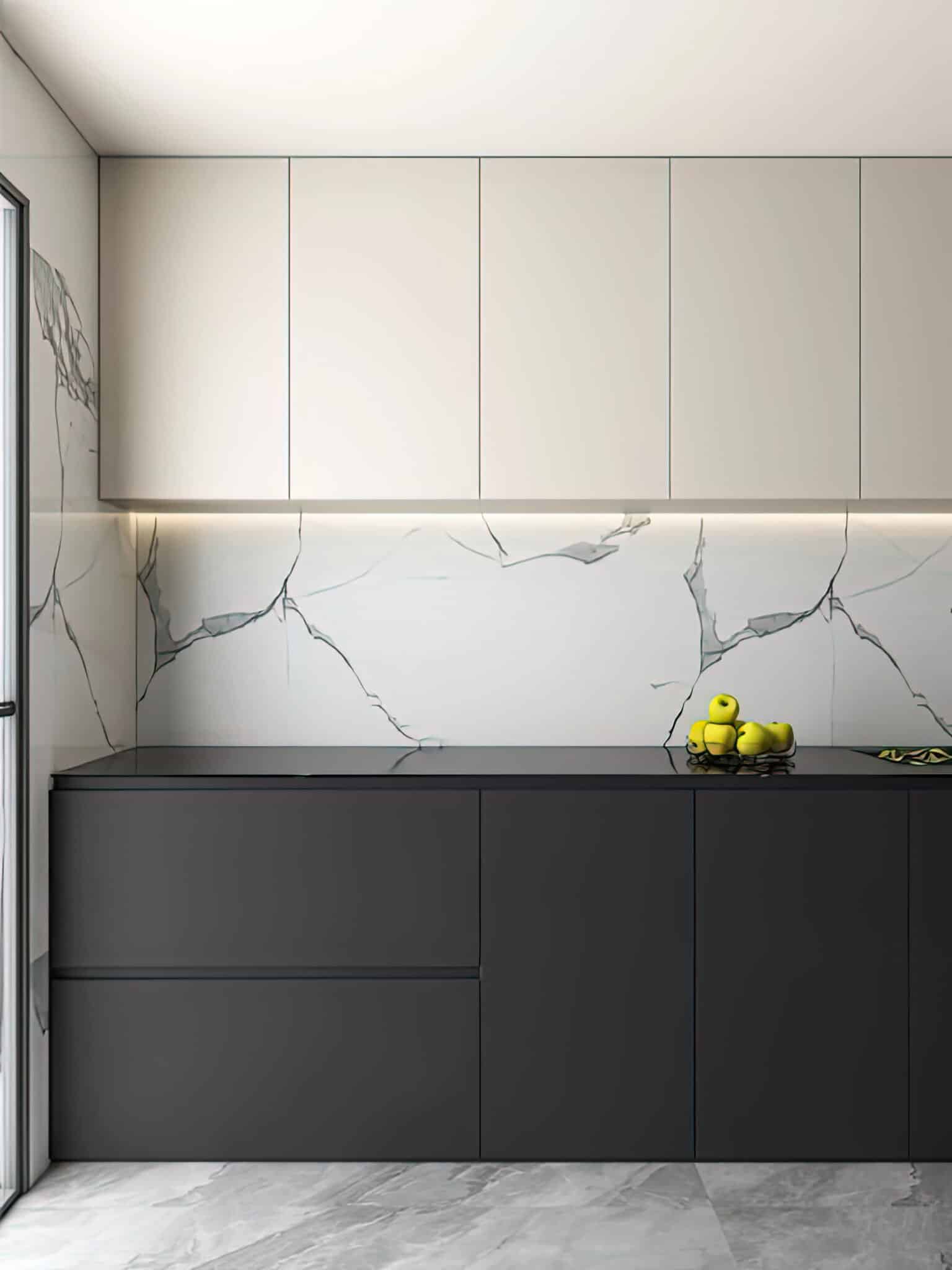 Zenith Nordic Noir Modern Kitchen Suite – Matte Black Base Cabinetry with Champagne Silk Uppers & Book-Matched Marble Backsplash - Image 3