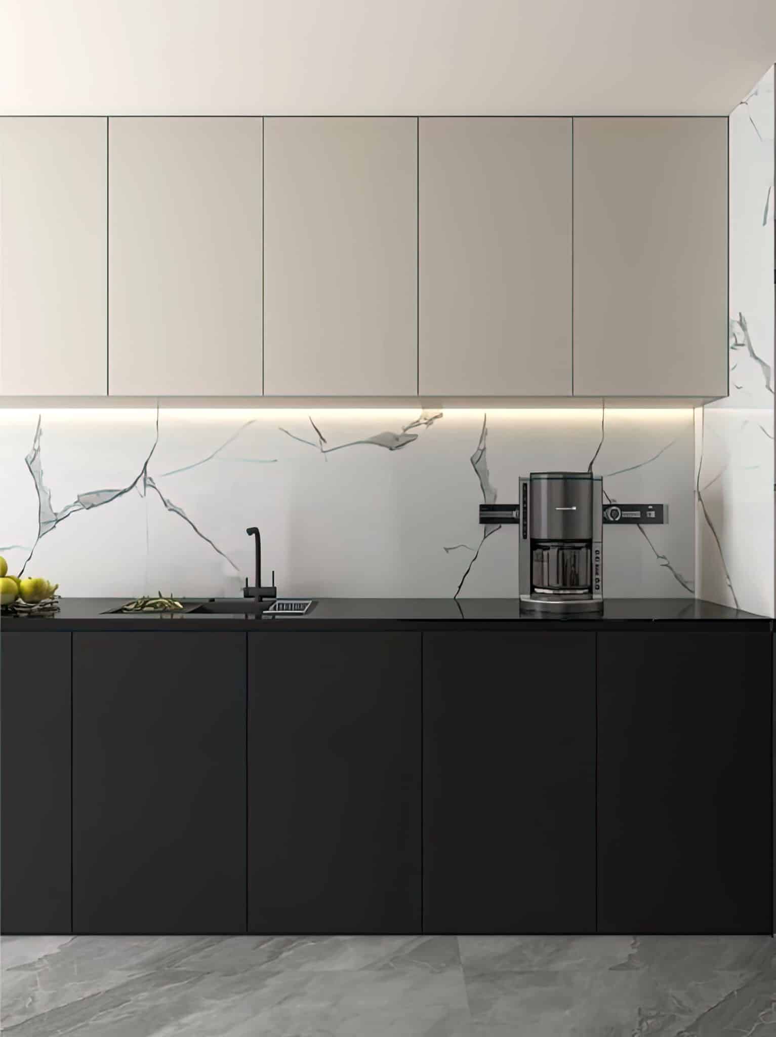 Zenith Nordic Noir Modern Kitchen Suite – Matte Black Base Cabinetry with Champagne Silk Uppers & Book-Matched Marble Backsplash - Image 4
