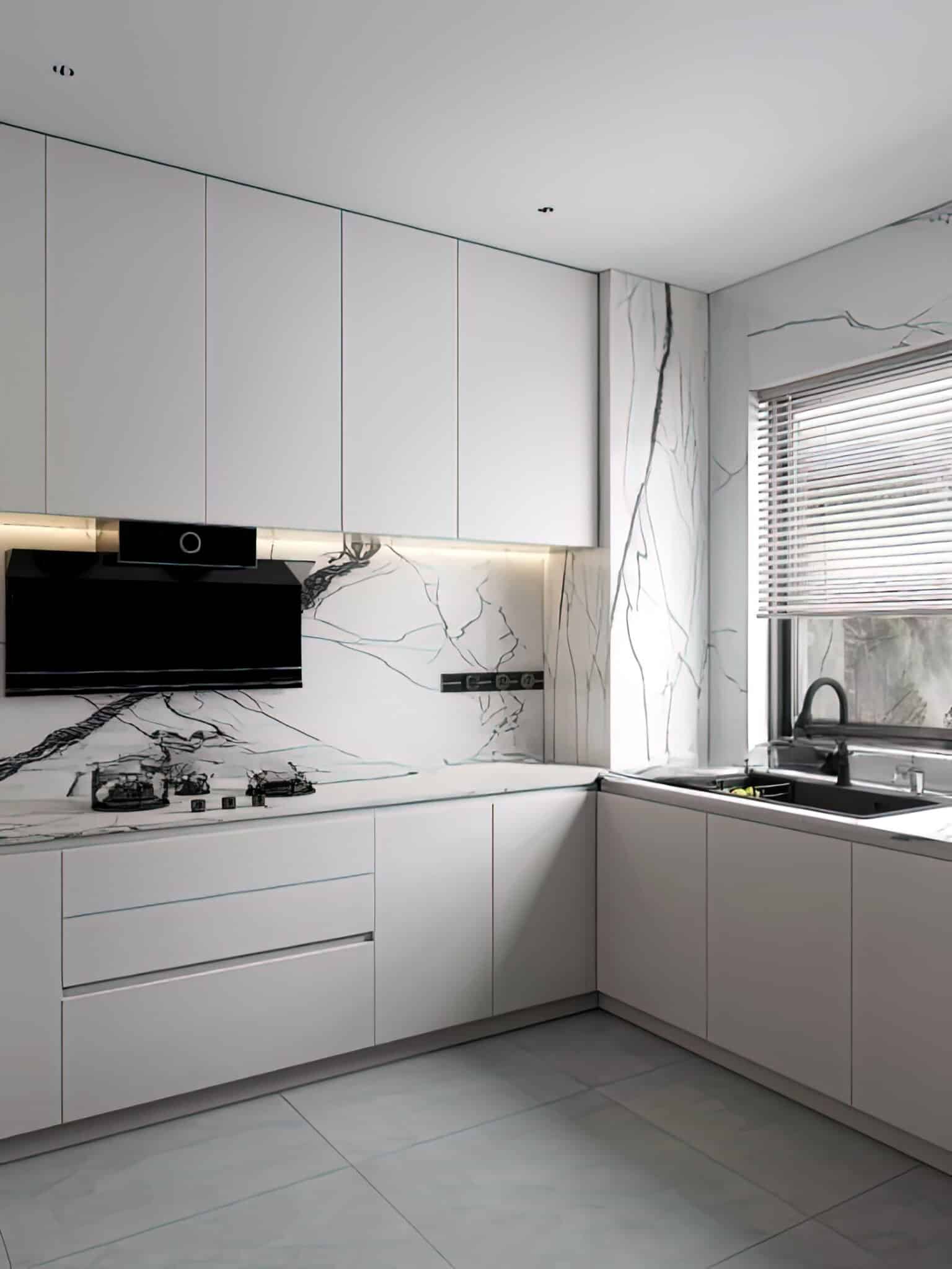 Zenith Arctic Marble Integrated Kitchen Suite – Handleless Matte White Cabinetry with Book-Matched Quartz Backsplash & Smart-Home Appliance Wing