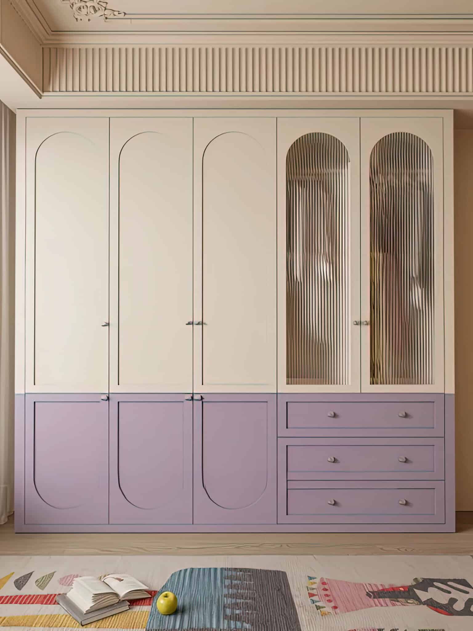 Aura Bespoke Full-Wall Wardrobe – Two-Tone Cream & Lavender Suite with Arched Fluted Glass & Integrated Storage
