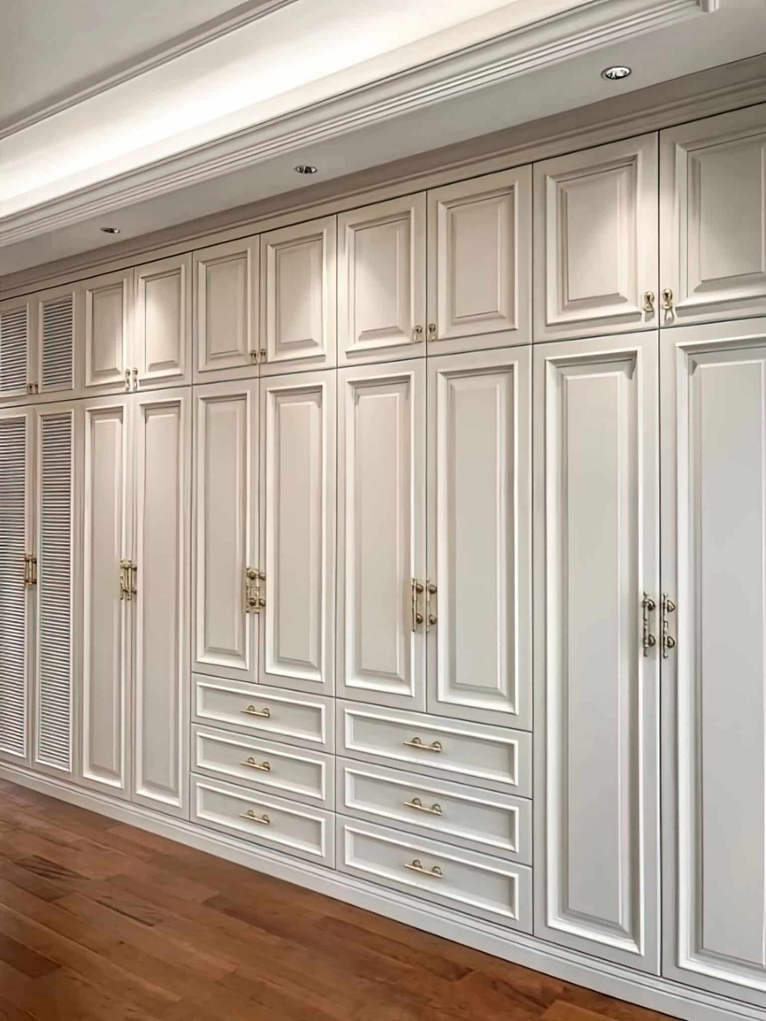 Grand Manor Bespoke Floor-to-Ceiling Wardrobe – Luxury French Provincial Wall Unit with Louvered Accents & Antique Brass Hardware