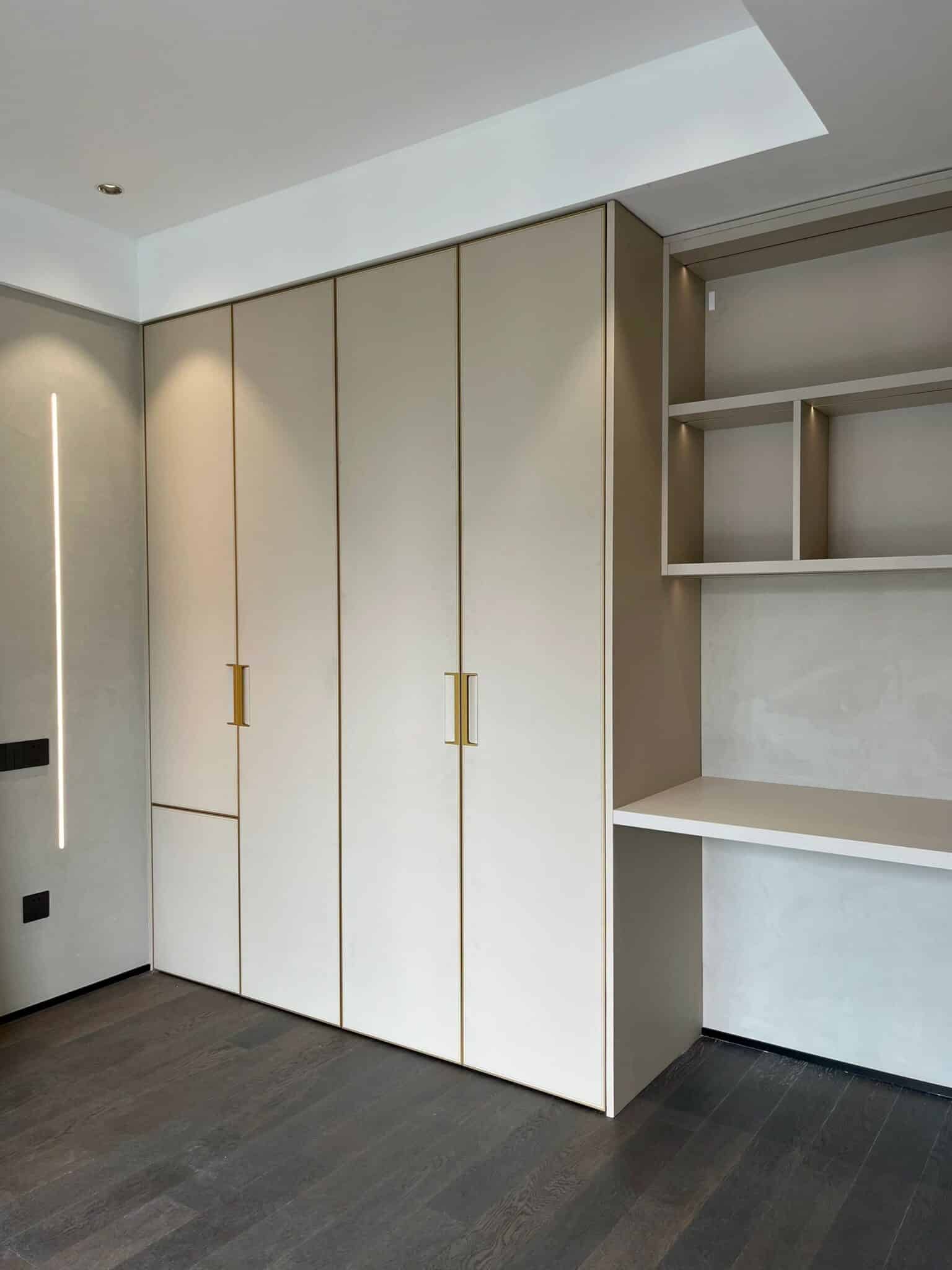 Zenith Bespoke Integrated Wall Suite – Floor-to-Ceiling Wardrobe with Built-in Floating Desk & Smart LED Shelving