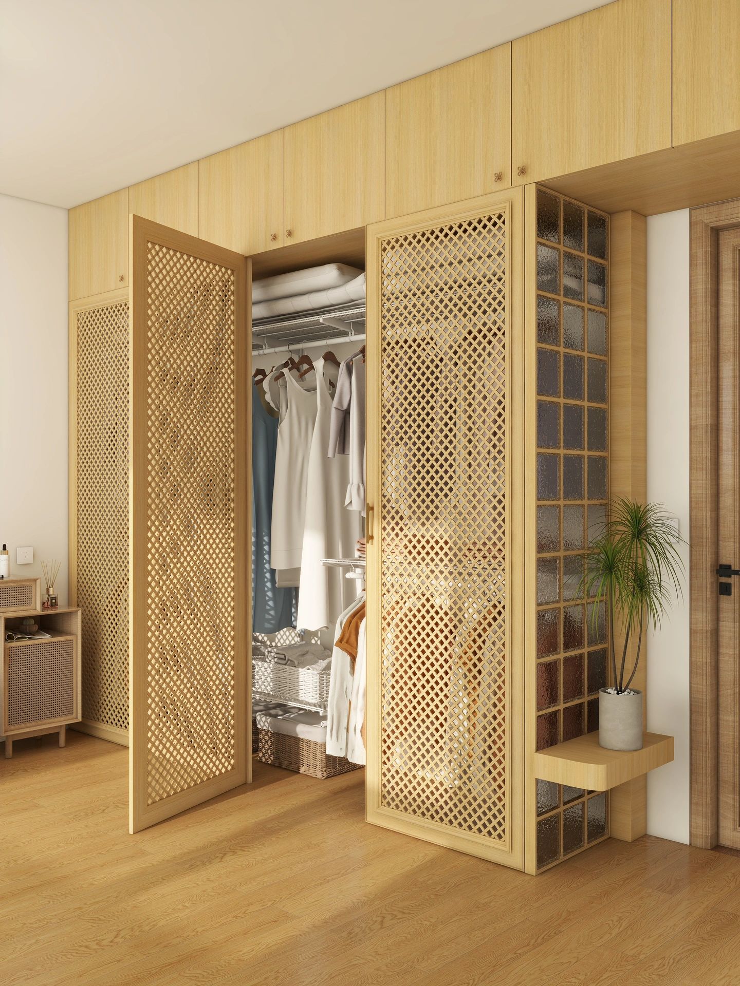 Zenith Elements Japandi Wardrobe – Breathable Lattice-Door Closet with Glass-Block Showcase Wing & Overhead Seasonal Storage - Image 2