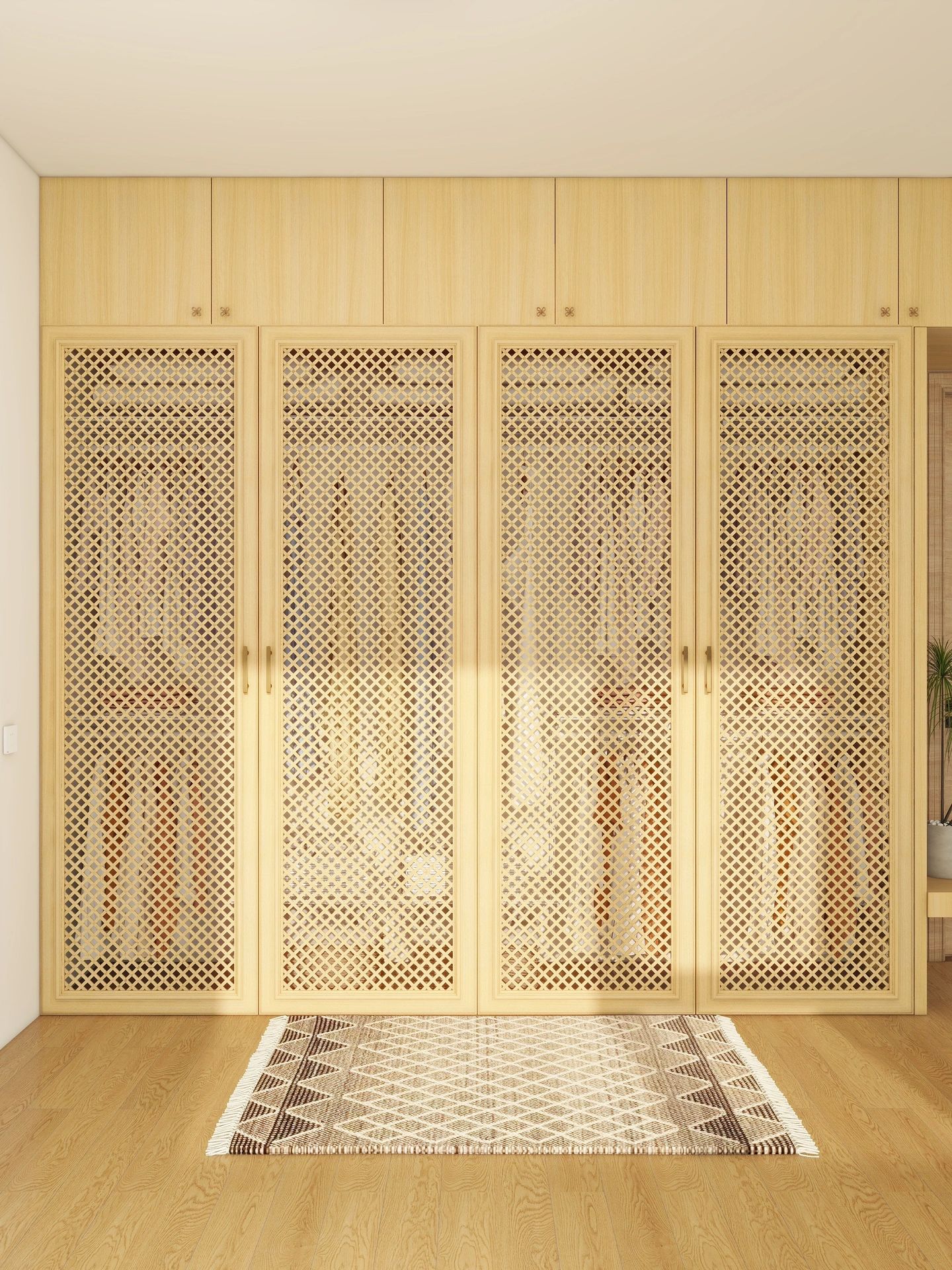 Zenith Elements Japandi Wardrobe – Breathable Lattice-Door Closet with Glass-Block Showcase Wing & Overhead Seasonal Storage