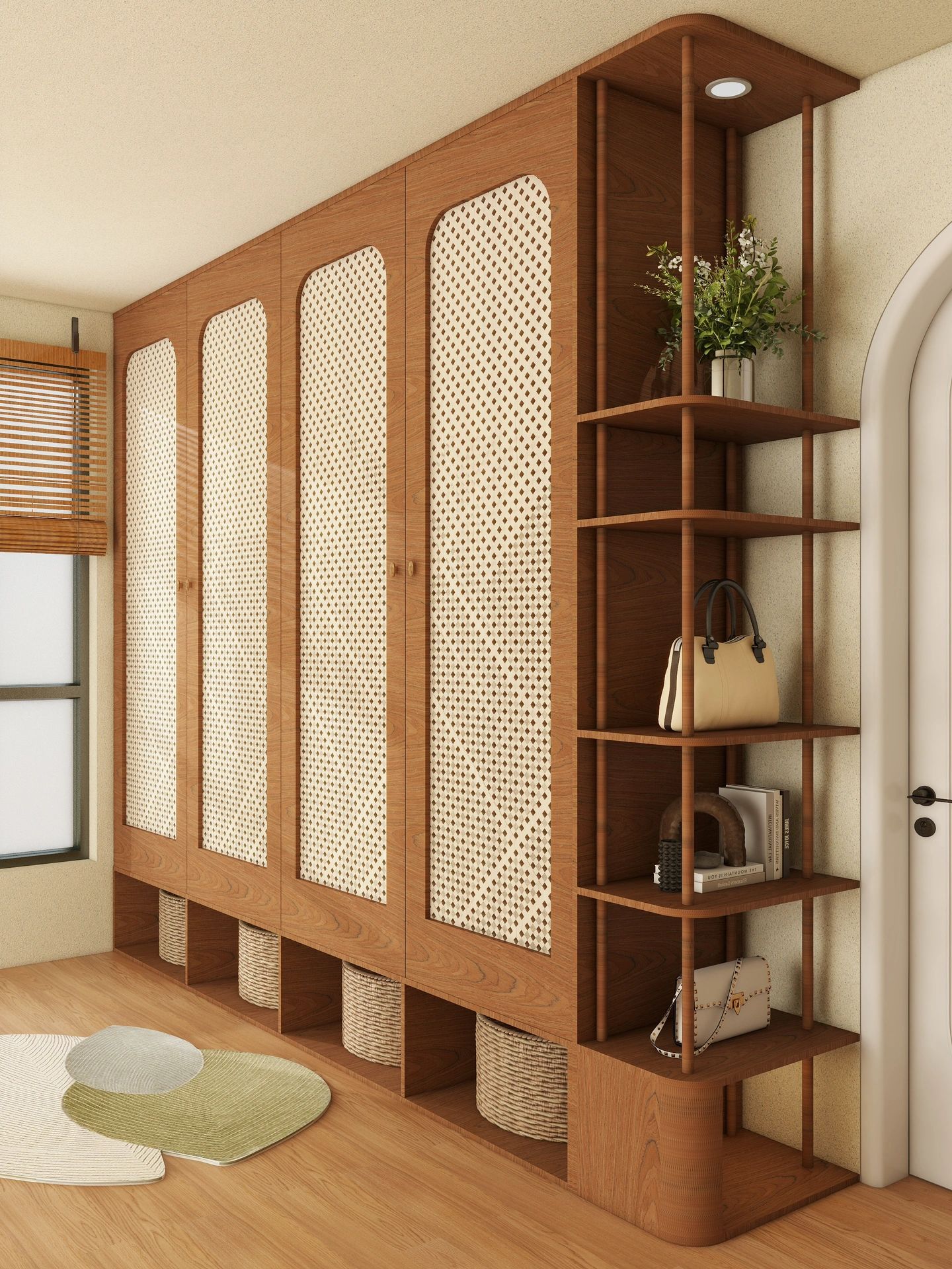 Zenith Grand Heritage Bespoke Wardrobe – Japandi Floor-to-Ceiling Closet with Breathable Rattan Panels & Integrated Multi-Tier Bookshelf