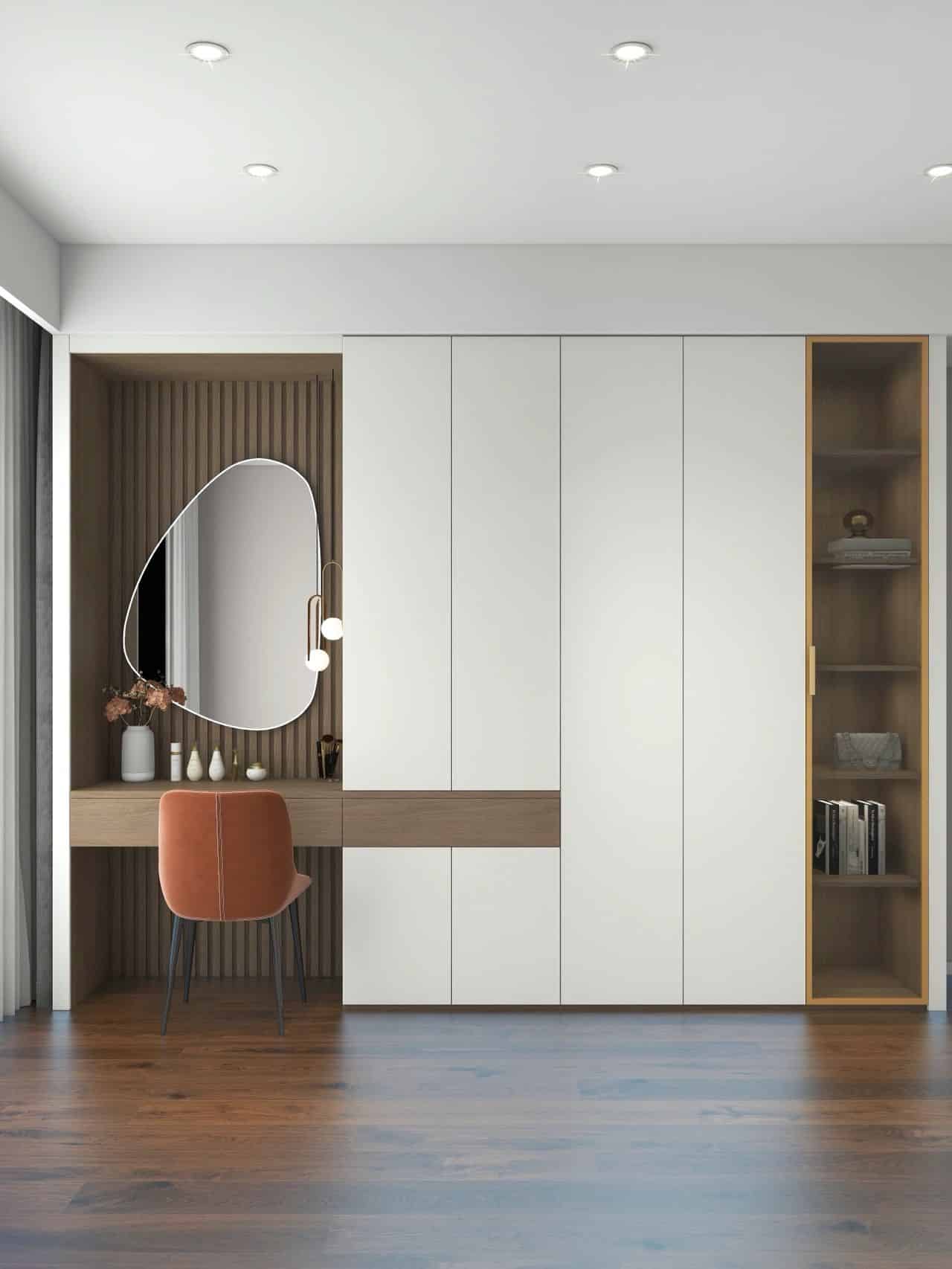 Zenith Bespoke Integrated Wall Unit – Full-Height Wardrobe with Built-in Vanity, Slat-Wall Feature & Glass Display Shelving