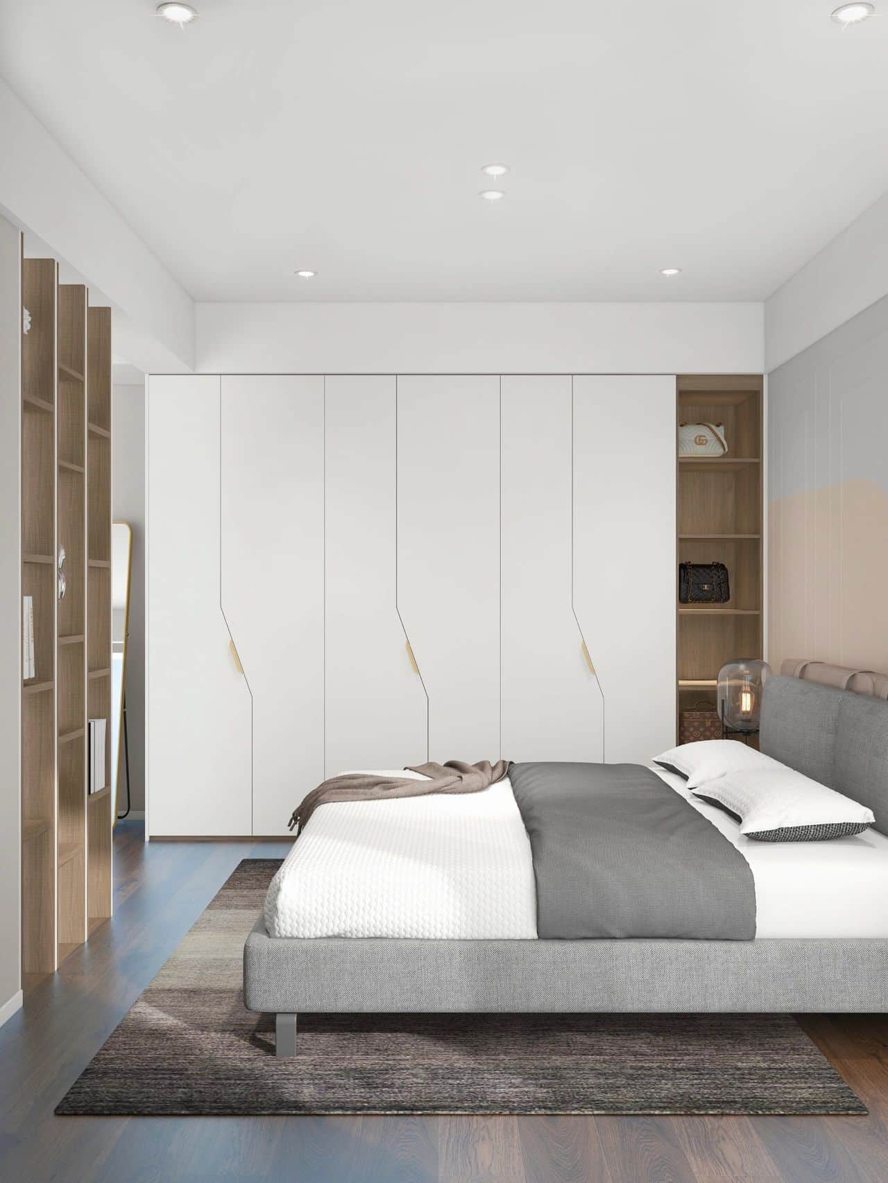 Zenith Bespoke Full-Wall Wardrobe – Handleless Floor-to-Ceiling Closet with Sculptural Integrated Pulls & Open Display Shelving