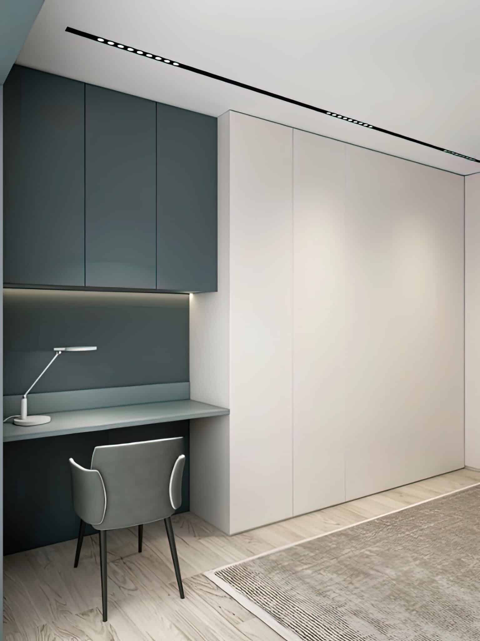Zenith Horizon Bespoke Wardrobe & Integrated Workspace – Floor-to-Ceiling Matte Alabaster & Slate Blue Cabinetry with Built-in Desk