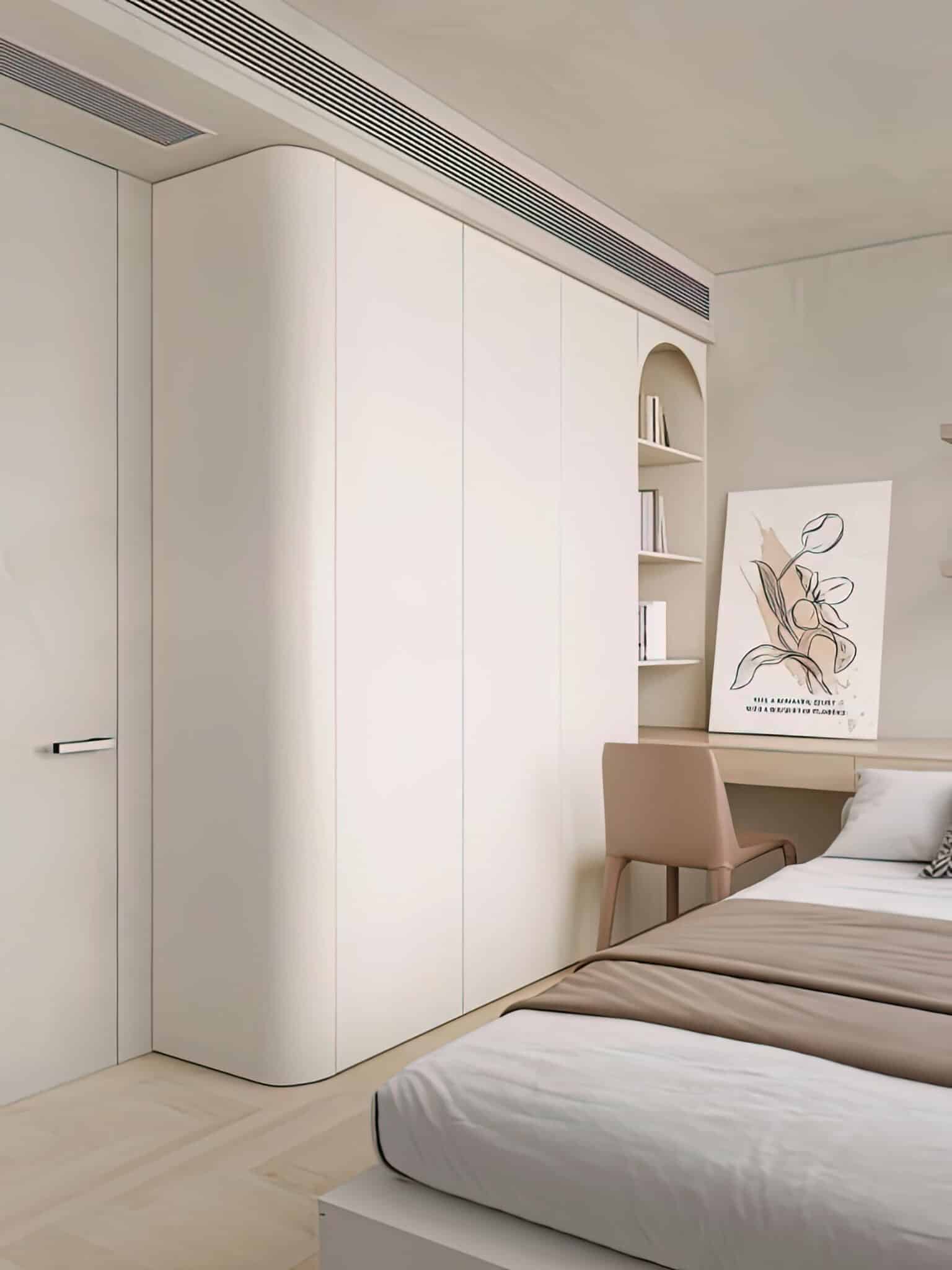 Zenith "Serenity" Integrated Wall Suite – Floor-to-Ceiling Wardrobe with Sculptural Curved End-Cap & Built-in Desktop Wing