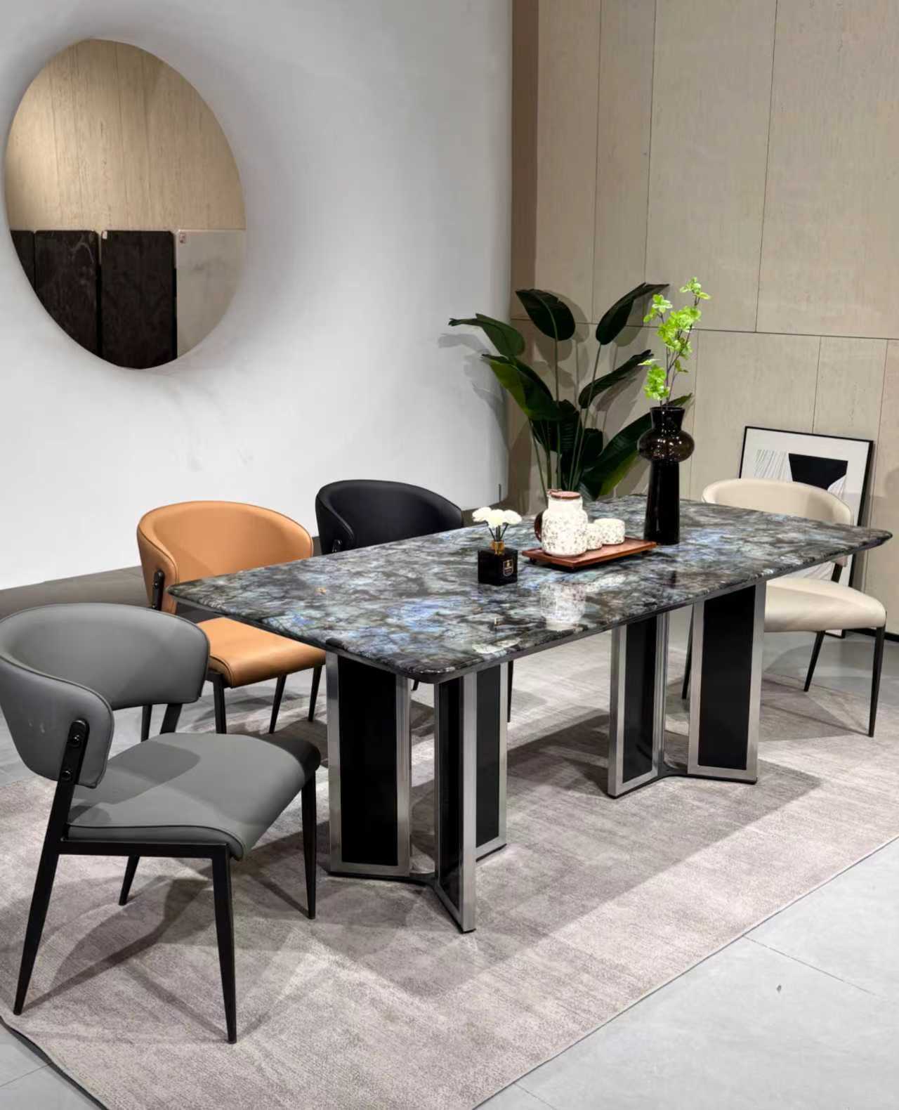 Emerald Amazonite Blue Natural Stone Dining Table – 160cm Luxury Rectangular Table with Sculptural Chrome & Matte Black Base