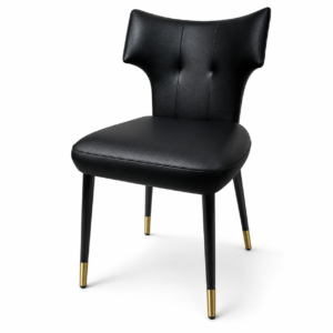 Silla de comedor contemporánea tapizada en negro con capitoné, diseño de respaldo alto y patas con detalles dorados.